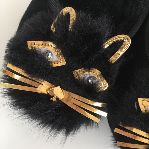 NEW KATE SPADE black cat kitty warm fleece slipper - Picture 3 of 6